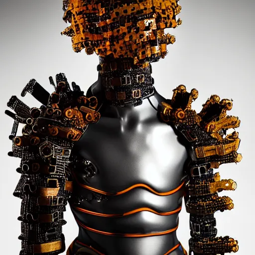 Image similar to a portrait of a beautiful young male wearing an alexander mcqueen armor made of parts of a robot , photographed by andrew thomas huang, artistic