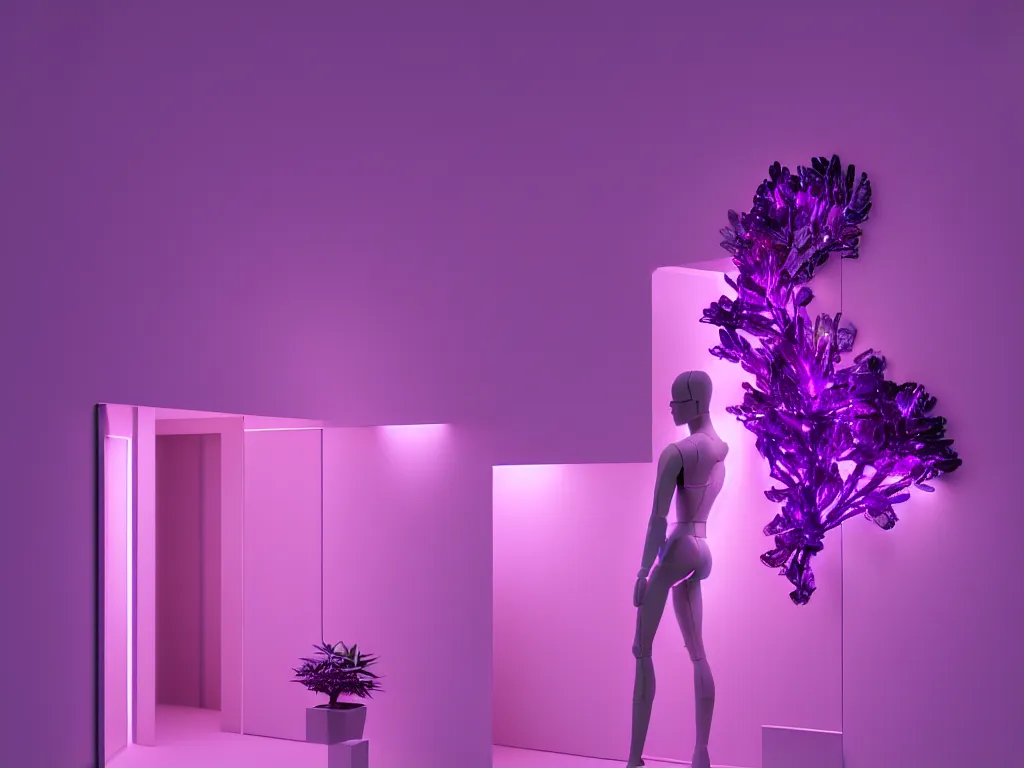 Image similar to beautiful mannequin sculpted out of amethyst by billelis + lit with geometric neon + iridescent geometric cubed bonsai plants!!!!, doorway opening with neon pink geometric light, clean linework, dramatic, finely detailed, rule of thirds, moody, award winning, 4 k, trending on artstation, photorealistic, volumetric lighting, octane render