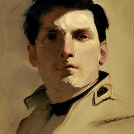 Prompt: Portrait of Roy Mustang as Führer by John Singer Sargent, naturalistic technique, bold brushwork, light and shadow, depth. Sense of movement.