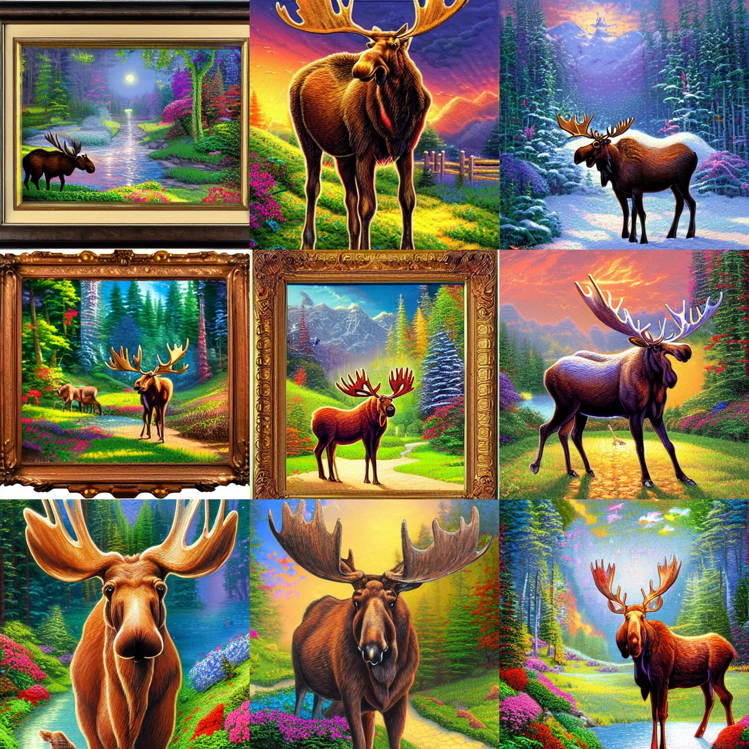 Prompt: moose, illustration by thomas kinkade, colorful, creative design