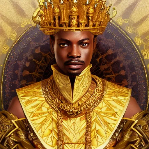 Image similar to an african wise king with a crown of golden flower petals, kemetic, D&D, fantasy, intricate, elegant, highly detailed, digital painting, artstation, concept art, matte, sharp focus, illustration, art by Artgerm and Greg Rutkowski and Alphonse Mucha