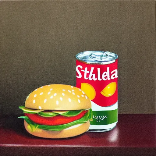 Prompt: realistic painting of a still life with can of stella and happy meal