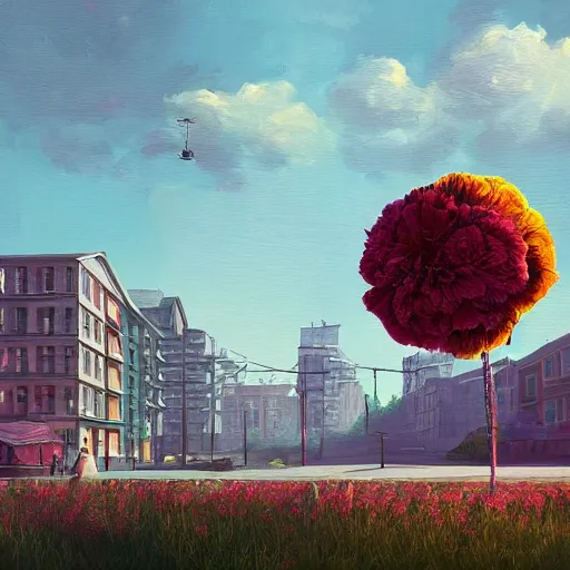 Image similar to giant carnation flower head, woman walking between luxury apartments, surreal photography, sunlight, impressionist painting, digital painting, artstation, simon stalenhag