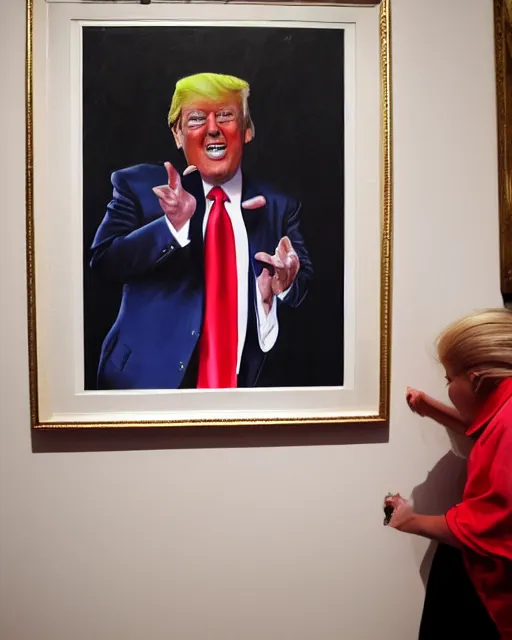 Prompt: a presidential portrait of donald trump as an oompa loompa in the style caricature artist oil painter sebastian kruger hanging on a wall at mar - a - largo