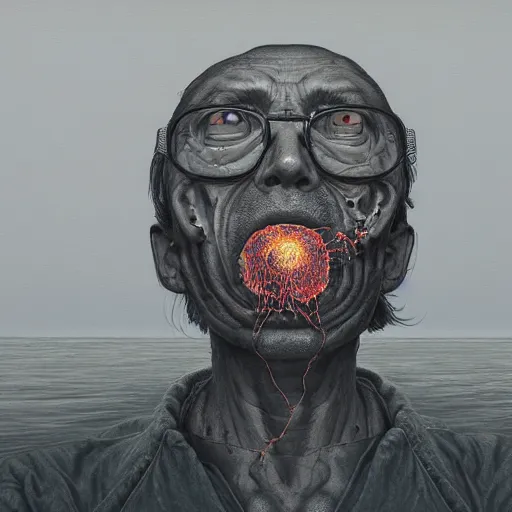 Image similar to A Black background 3d portrait of a man with an exploding head by Zdzisław Beksiński and Simon Stålenhag,In style of digital illustration art,Ray tracing,hyper detailed,sharp focus,4k