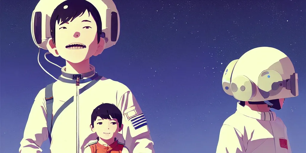 Image similar to portrait of a smiling boy with astronaut helmets by ilya kuvshinov, cloudy sky background lush landscape ln illustration concept art anime key visual trending pixiv by victo ngai fanbox by greg rutkowski makoto shinkai takashi takeuchi studio ghibli