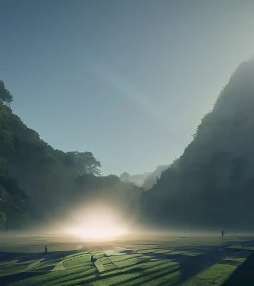 Prompt: green cross lights in the artic, volumetric lighting, fog, majestic light, octane render, ethereal glare of the sun, hyperrealistic, epic, masterpiece, by makoto shinkai, by peter zumthor