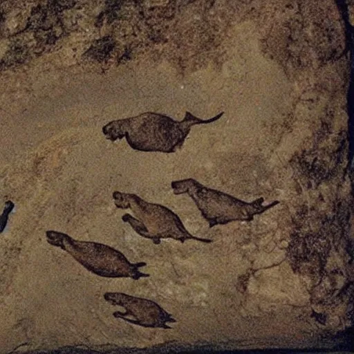 Prompt: seals being hunted by men, prehistoric cave painting