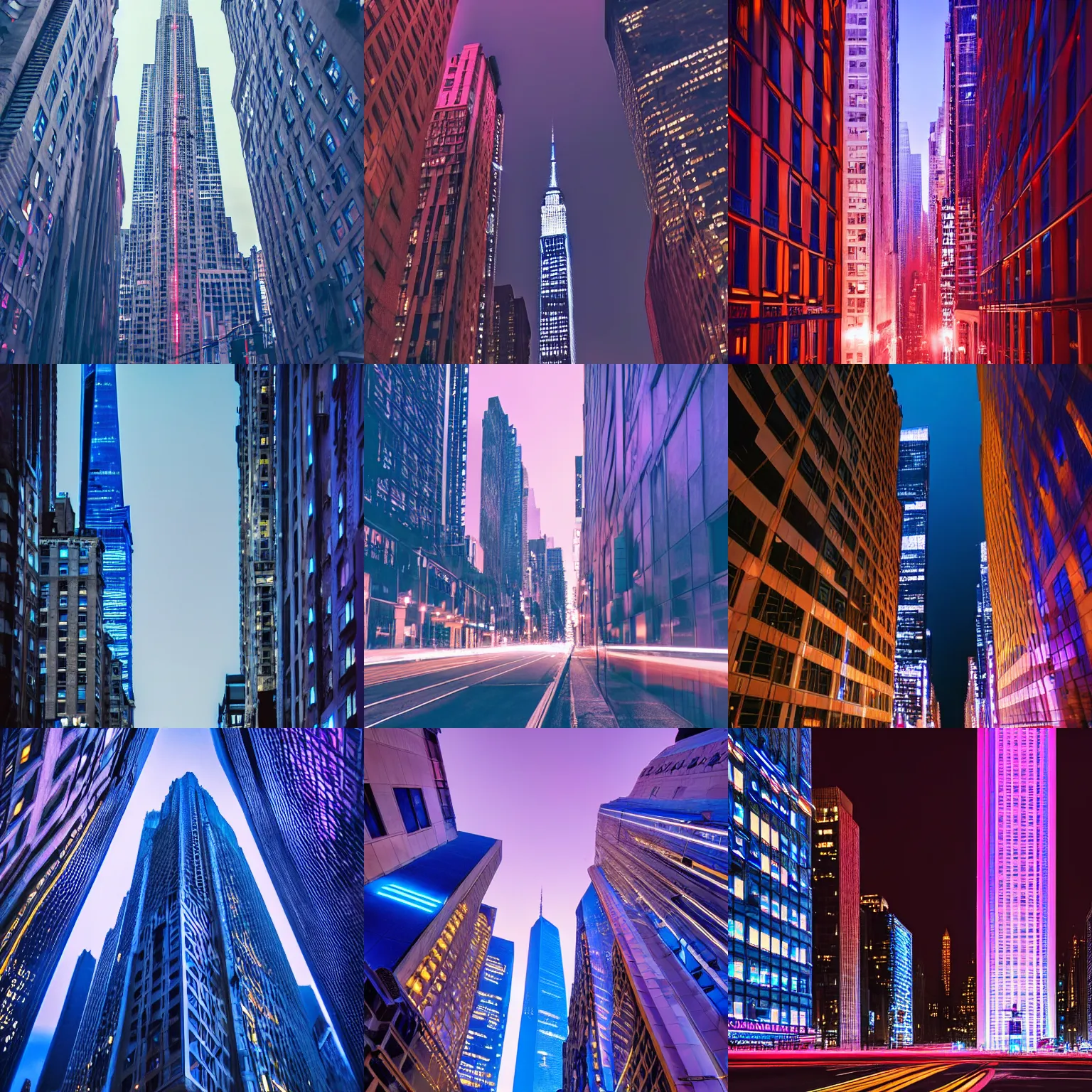 Prompt: blue glowing skyscraper in the streets of new york city at night, vanishing point, long exposure, rose pink lighting, atmospheric, award winning photo