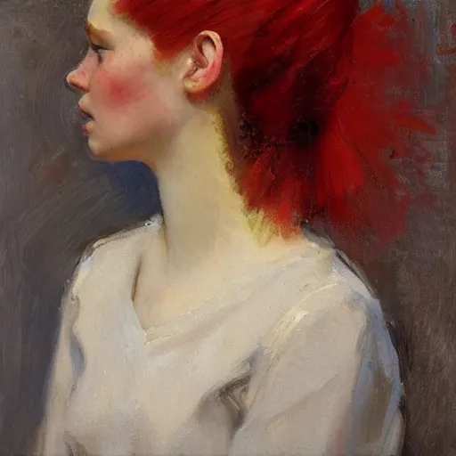 Prompt: profile of a girl with red hair, holding flowers joseph todorovitch