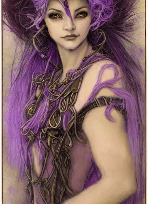 Prompt: portrait of young female sorceress of the endtimes, transluscent skin, lavender hair, beautiful! coherent! dungeons and dragons character, by brian froud, strong line, cool night color, high contrast