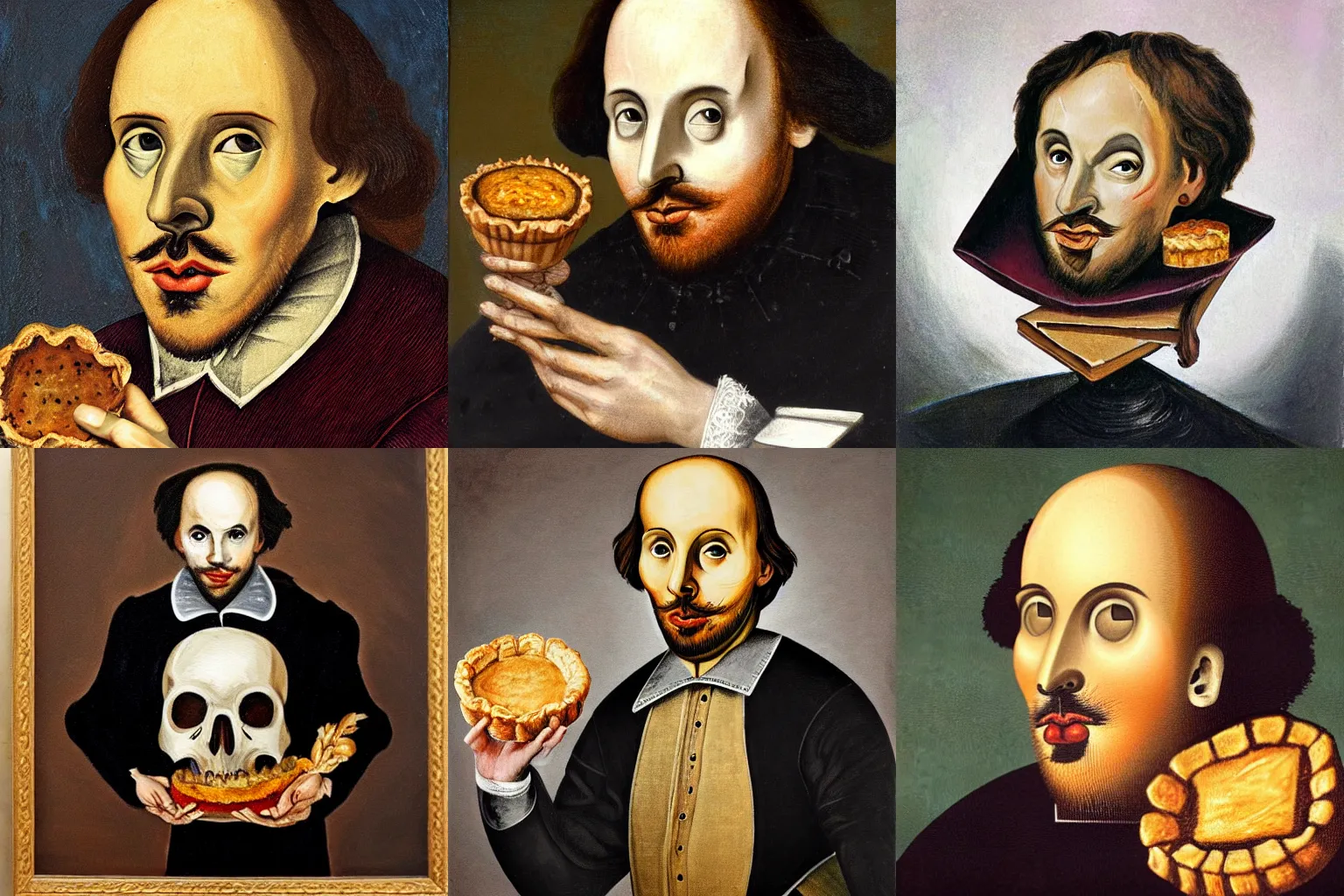 Prompt: realistic painting of Shakespeare's hamlet holding a pork pie instead of a skull