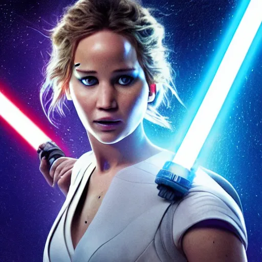 Image similar to jennifer lawrence as a jedi holding up a blue lightsaber, very dark background, official new star wars episode xi movie poster from lucas arts, perfect symmetrical face, full moon, moody lighting, 8 k, shallow depth of field, intricate detail,