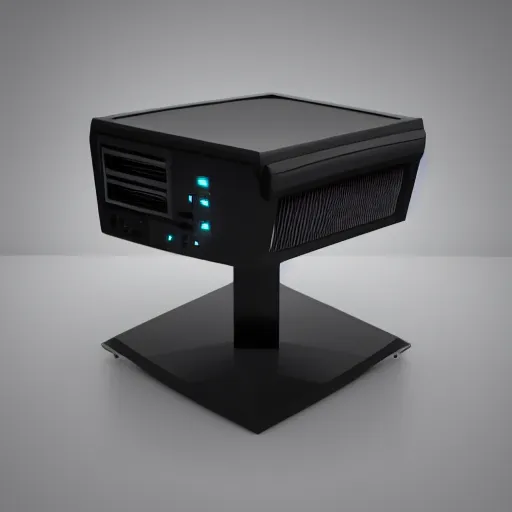 Prompt: a computer from the 8 0 s on a pedestal, 3 d render, octane ray tracing, ultra high detail, photorealistic high resolution, photorealistic, studio lighting, award winning render