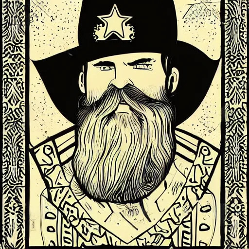 Image similar to bearded cowboy, slavic folklore illustration