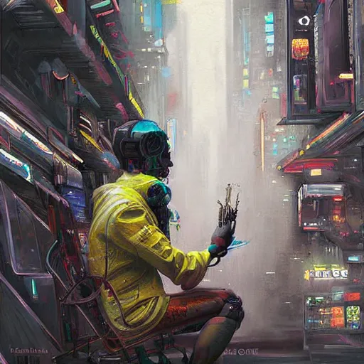 Prompt: a very beautiful and very detailed painting of a robot artist painting on a canvas, cyberpunk digital art, dystopian style