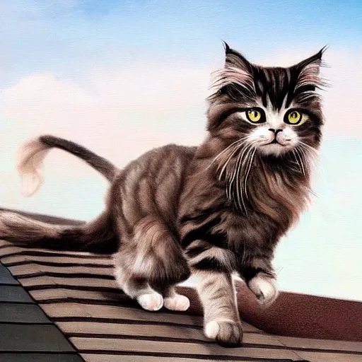 Image similar to a british longhair cat walking on the roof, by stanely artgerm