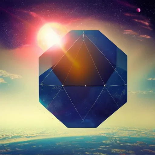 Prompt: hexagon floating above planet earth, sun in space, trending on art station, retro futurism, photo realistic, perspective