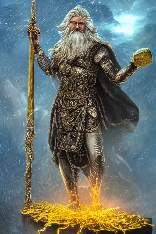 Prompt: mythological odin all father supreme God of thunder and smithing and artificial intelligence creating an artificial neural network with gold synapses on an anvil with his mighty hammer, high resolution, award winning art, trending on art station, sharp image, incredibly detailed, detailed character realistic painting