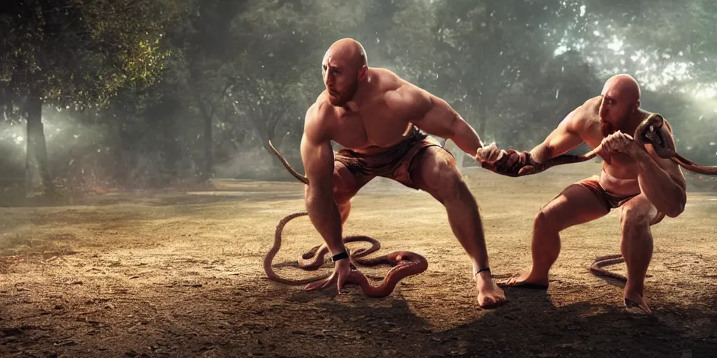 Prompt: The Ryback fighting a snake outdoors, hyperrealistic, photorealistic, ultra hd, cinematic lighting, award-winning, 4k, beautiful color, high quality, high textured, lens flare
