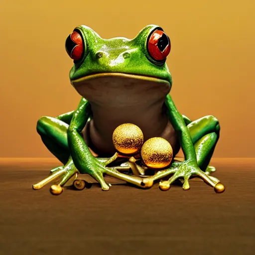 Image similar to long shot of a cute frog playing with golden metal balls, by esao andrews, by m. w. kaluta, volumetric light, rich colors, very humorous oil painting, realistic reflections, smooth, concept art, depth perception, high depth of field, 4 k, unreal engine 5, ultradetailed, hyperrealistic, artstation