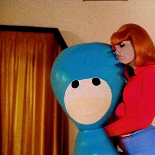 Prompt: bored housewife meets a confused inflatable toy in a seedy motel room, 1978 color Fellini film, ugly motel room with dirty walls and old furniture, archival footage, technicolor film, 16mm, live action, John Waters, campy and colorful