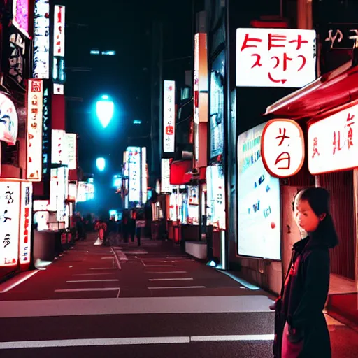 Image similar to a young japanese girl standing in the middle of a tranquil nighttime tokyo street. neon signs light the fog with volumetric rays.