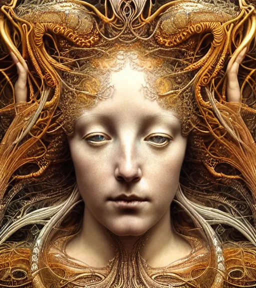 Image similar to detailed realistic beautiful gold goddess face portrait by jean delville, gustave dore, iris van herpen and marco mazzoni, art forms of nature by ernst haeckel, art nouveau, symbolist, visionary, gothic, neo - gothic, pre - raphaelite, fractal lace, intricate alien botanicals, biodiversity, surreality, hyperdetailed ultrasharp octane render