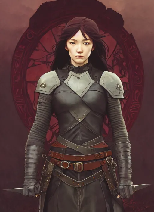 Image similar to strong female rogue in leather armor and cloak, path traced, highly detailed, high quality, digital painting, by studio ghibli and alphonse mucha, leesha hannigan, makoto shinkai, disney