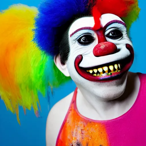 Prompt: a photo of a monkey with clown paint, sidelit, a stock photo by paul harvey, shutterstock contest winner, neo - primitivism, creative commons attribution, behance hd, freakshow