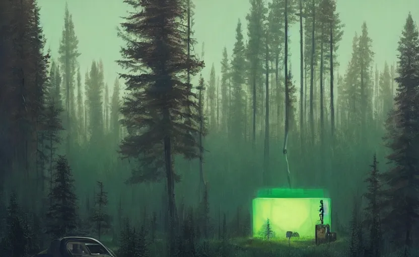 Prompt: a giant greebled cube in the forest, sci-fi painting by simon stålenhag, beautiful lighting, trending on artstation