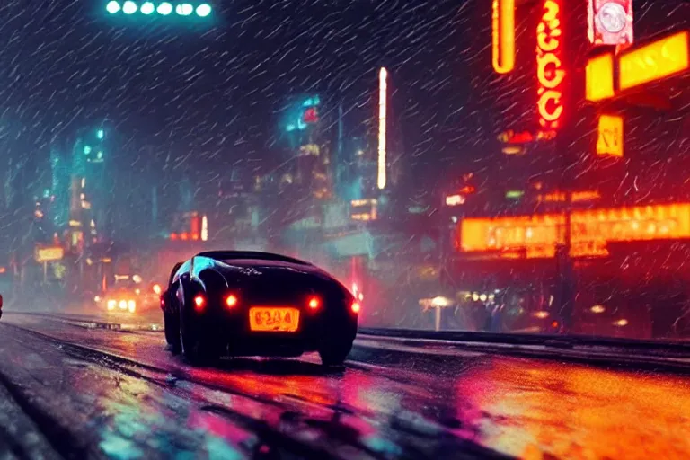 Prompt: a 1 9 3 5 bugatti, speeding down tokyo highway in the rain, night time, neon lights, thunderstorm, movie still from the movie bladerunner 2 0 4 9