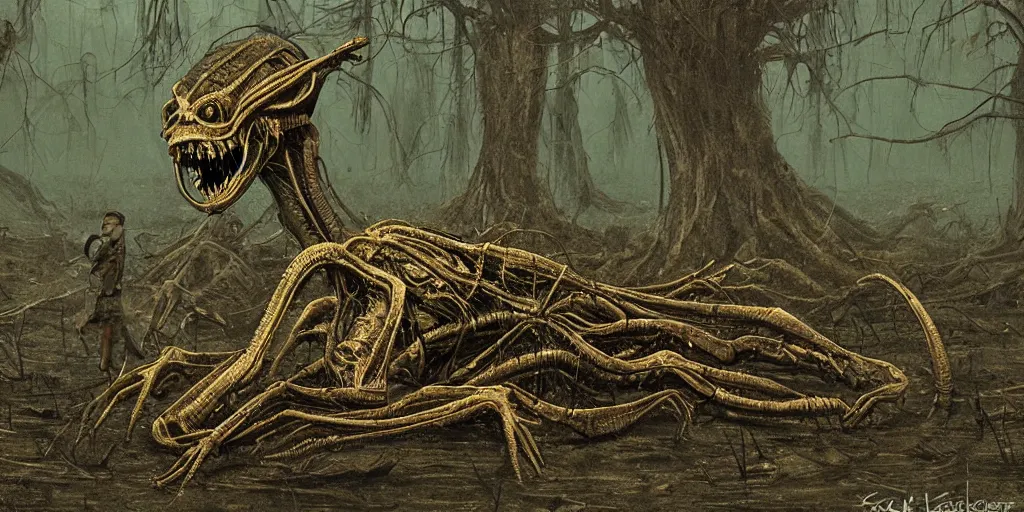 Image similar to extremely disturbing alien creature crawling through a swamp, created by Scott Listfield