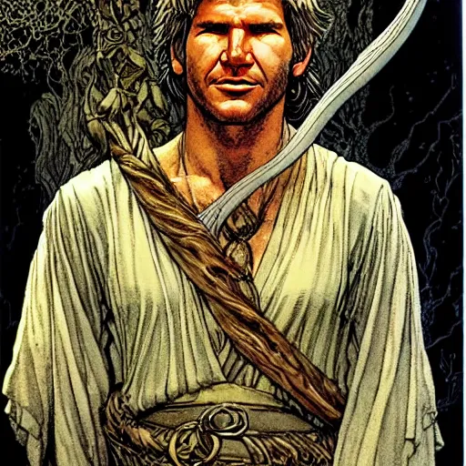 Prompt: a realistic, very beautiful and atmospheric portrait of young harrison ford as a druidic warrior wizard looking at the camera with an intelligent gaze by rebecca guay, michael kaluta, charles vess and jean moebius giraud
