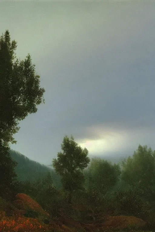 Image similar to mammatus pileus clouds over a summer landscape in the swiss alps forest and lake, arkhip kuindzhi