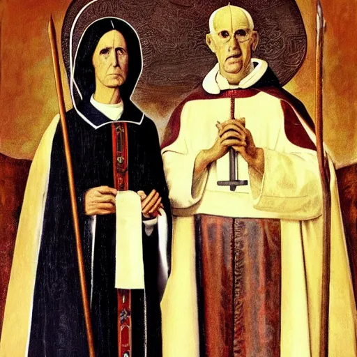 Image similar to the pope and satan in the style of american gothic