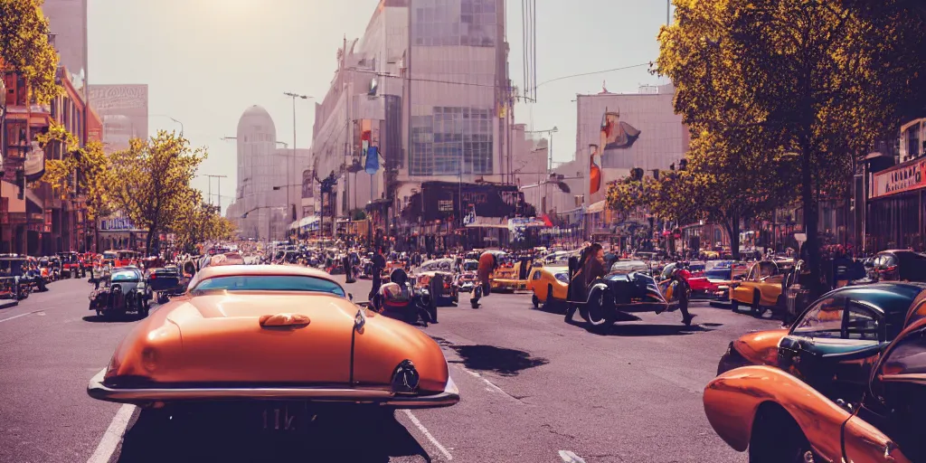 Image similar to low angle wide shot, street scene, retro futuristic vintage shiny polished traffic mainly cars and motorcycles, volumetric lighting, beautiful, day time, spring, sunny weather, sharp focus, highly detailed, photorealistic, 4 0 0 0 k, f 1. 4, cgsociety