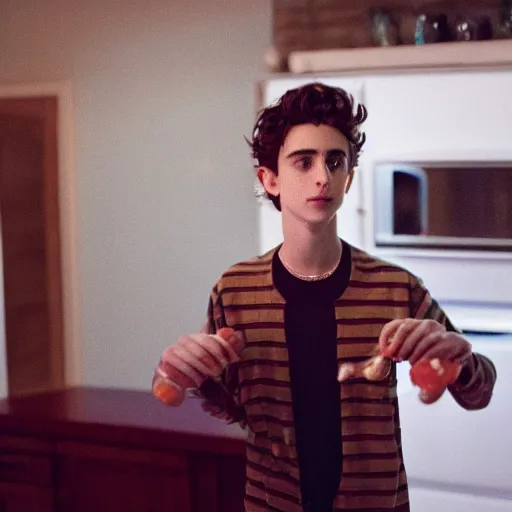 Prompt: timothee chalamet standing in my kitchen and eating a kidz bop cd, 3 5 mm photograph, cursed image, standing menacingly