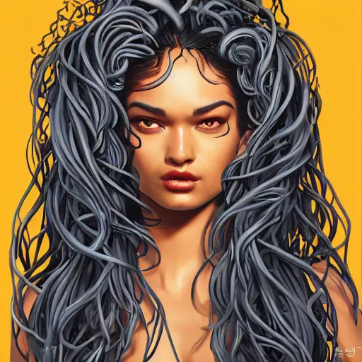 Image similar to Shanina Shaik as Medusa, snakes for hair, highly detailed, digital painting, artstation, concept art, smooth, sharp focus, illustration, art by Chris Achilleos, in the style of Medusa (1988) by Chris Achilleos.