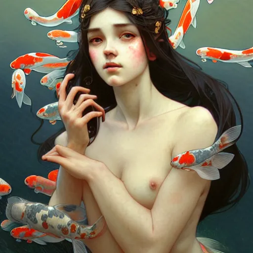 Image similar to Portrait of a girl surrounded by Koi fish, face, fantasy, intricate, elegant, highly detailed, digital painting, artstation, concept art, smooth, sharp focus, illustration, art by Krenz Cushart and Artem Demura and alphonse mucha