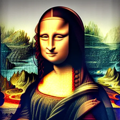 Image similar to the mona lisa with headphones and a phone listening to Lana del rey, photorealistic, high detail