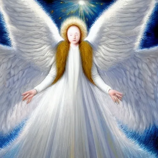 Image similar to highdetailed hyperrealistic painting of white angel!!! no gender!!!, giant ball of miracle light from the chest!!!!!, white sparkles everywhere, 4 k hd fur face!!!, big wings, by jan van eyck, holography space, glow effect, large strokes, soft and clean, white monochrome color!!!!!