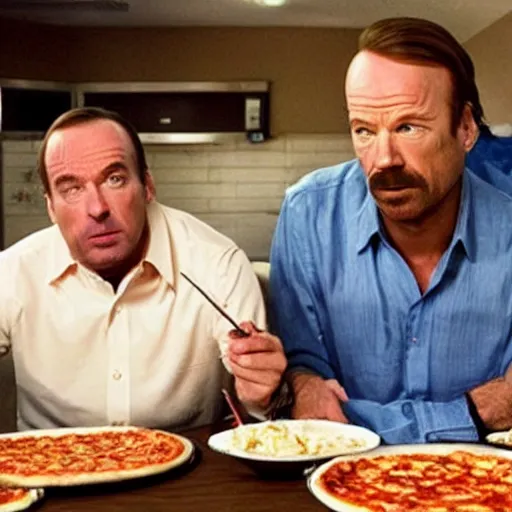 Image similar to Saul Goodman eating pizza with Walter White