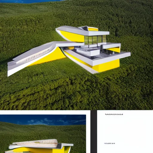 Prompt: architecture ad for a mid-century modern house in Gaspé, designed by Zaha Hadid. Aerial view. Film grain, cinematic, colorized, yellow hue.