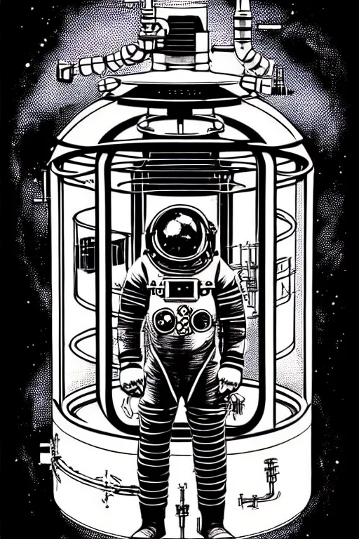 Prompt: steampunk cryo chamber containing an cosmonaut, high details, intricately detailed, by vincent di fate, inking, 3 color screen print, masterpiece, trending on artstation,, sharp, details, hyper - detailed, hd, 4 k, 8 k