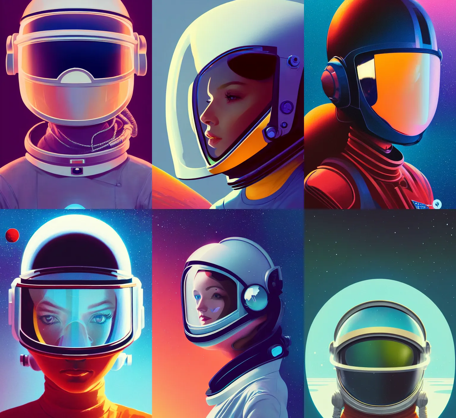 Prompt: retrofuturistic portrait of a woman in astronaut helmet, reflective gradient to transparent visor, space graphics art in background, close up, quint buchholz, wlop, dan mumford, artgerm, liam brazier, peter mohrbacher, raw, featured on artstation, octane render, cinematic, elegant, intricate, 8 k