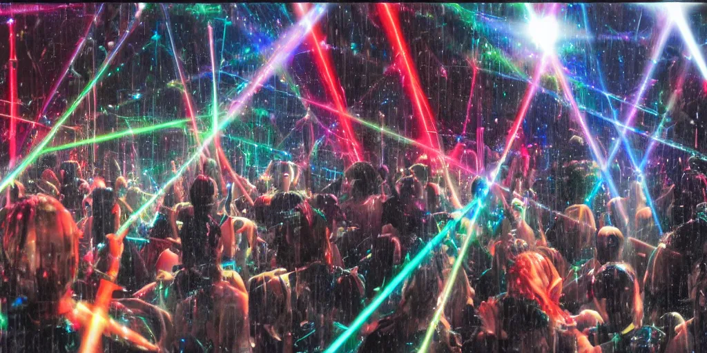 Image similar to wet complex, colored lasers, people, skin, god rays, hair, wet metal reflections, mirrors, infinite, close up, wet, ultra detailed, group of people