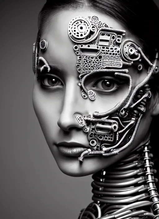 Image similar to a stunning young female cyborg profile face, face is made intricate tribal bio - mechanical, editorial photography, bw, shot on 7 0 mm, depth of field, f / 2. 8, high contrast, 1 6 k, rays of shimmering light, volumetric lighting, shiny, insanely detailed and intricate, hypermaximalist, elegant, ornate, hyper realistic, super detailed