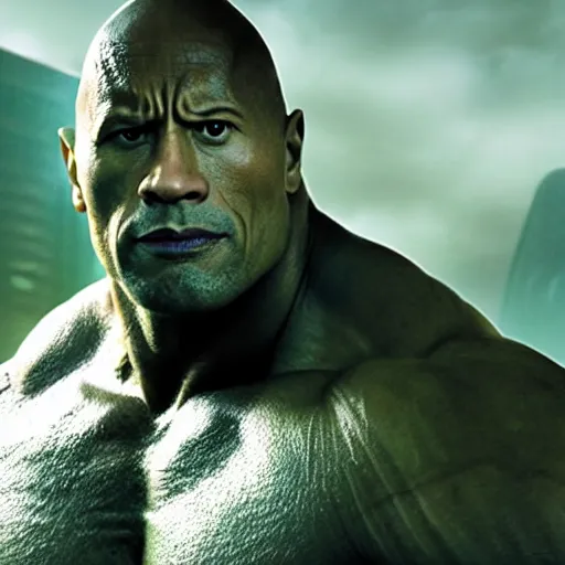 Image similar to dwayne johnson as incredible hulk, marvel cinematic universe, mcu, 4 k, raw, green skin, in - frame,