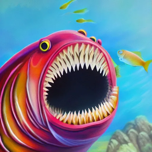 Prompt: oil painting of a fish with sharp teeth, epic, japanese style painting, sharp focus, high details, 4 k